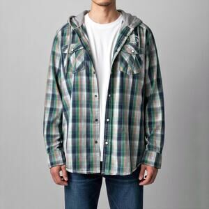 Vintage Hooded Flannel Plaid Shirt L Grunge Urban Utility Streetwear Green Skate